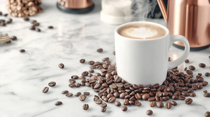 Modern minimalist coffee presentation, pure white cup on marble counter, perfectly arranged coffee beans creating artistic patterns around the cup, steam wisps, copper coffee equipment blurred in back