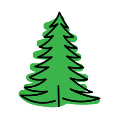 Simple illustration of a green pine tree with black outlines in a playful style