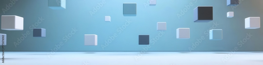 Poster floating tech blocks in soft blue and white, sleek design on a matte gray surface, modern and minima