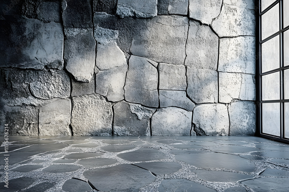 Poster a 3d gray concrete wall with a cracked texture pattern serves as a backdrop to a gray cement floor, 