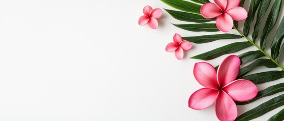 Fototapeta premium Tropical leaves decoration with isolated pink flowers white background close-up view nature concept