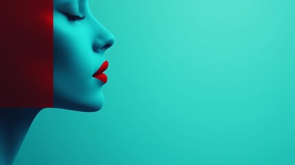 Profile of a Woman with Bold Red Lips Against a Vibrant Aqua Background