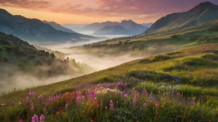 Obraz premium Majestic Sunrise Mountain Landscape with Wildflowers