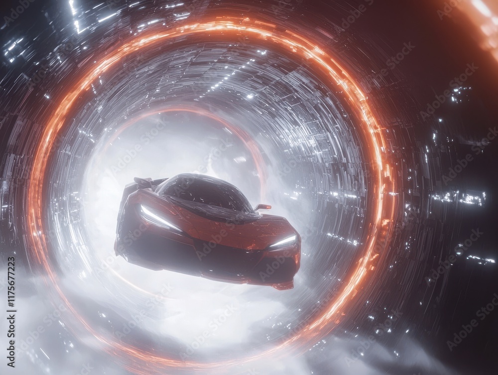Poster Futuristic car racing through a sci-fi portal digital art hyperrealistic environment dynamic perspective action-packed concept