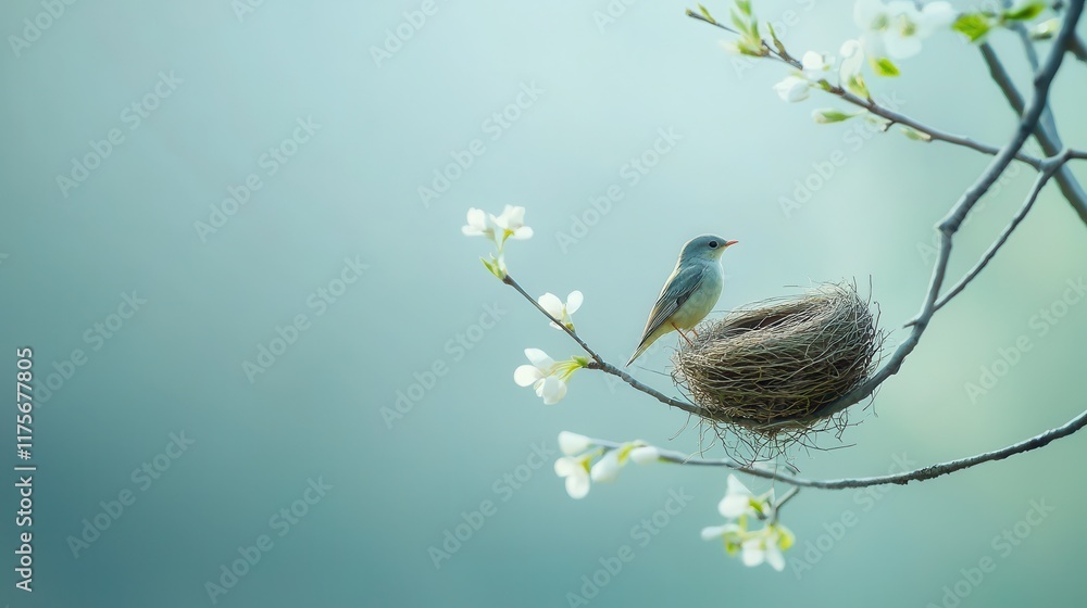 Poster serene bird nesting in blossom-laden branches with soft focus background and gentle light
