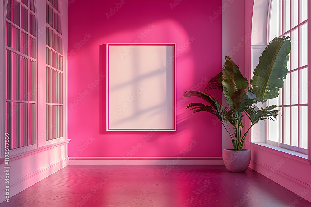 Aufkleber a 3d rendering of a pink room with an empty picture frame on wall serves as a mockup for potential a