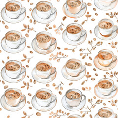 Seamless pattern of coffee cups with a warm and cozy feeling on a white background