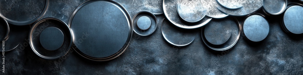 Poster holographic circles on metallic gray, sleek minimalist design featuring luminous circles and intrica