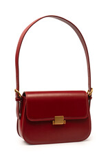 Burgundy shoulder leather bag isolated on white background.