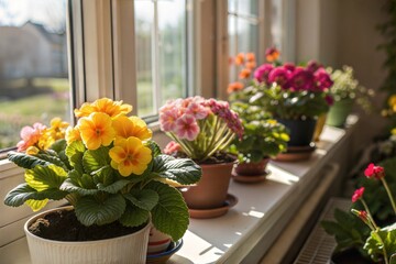 Colorful Primula Flowers on Windowsill