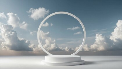Small single slim white circular podium with soft lighting on a gentle cloudscape background