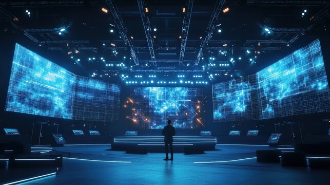 Man Addresses Audience In Futuristic Digital Conference Venue - Powered by Adobe