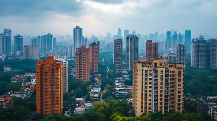 Obraz premium Urban skyline overview cityscape aerial view cloudy weather