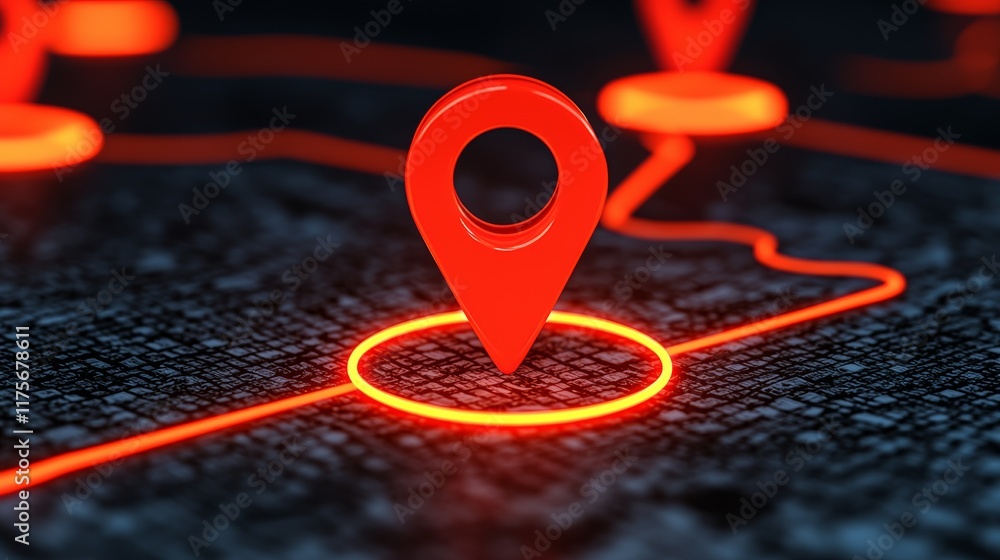 Poster modern abstract customer journey map with red location pin on dark background