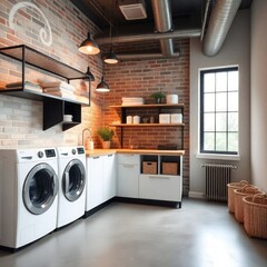 Laundry room interior design. urban style laundry room interior design. with hanging lights. washing machine and windows. Architecture interior. Urban interior. urban style.