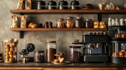 Cozy Coffee Shop Interior with Shelves of Baked Goods and Freshly Brewed Espresso Machine Set Against a Rustic Background