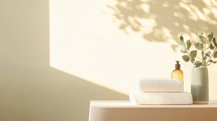 Sunlight flooding a bathroom creates a soothing atmosphere, highlighting neatly folded white towels, a soap dispenser, and a plant on a wooden shelf for tranquility and wellness