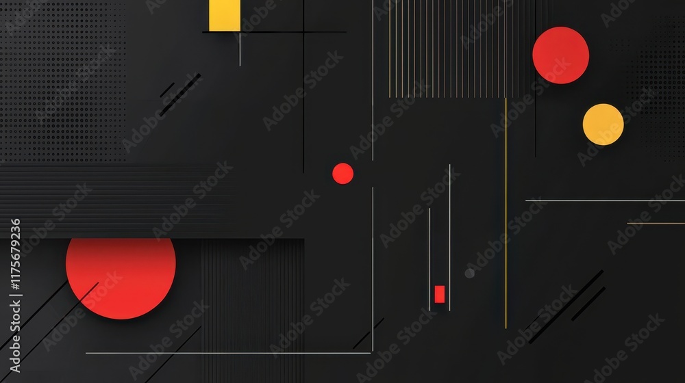 Poster abstract geometric design with red, yellow, and black shapes and lines creating a modern and dynamic