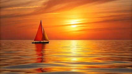Sunset Sailboat with Vibrant Orange Sail and Sparkling Ocean Reflection