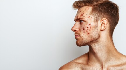 Fototapeta premium Young Man with Cystic Acne Facing Left Against Plain Background for Health and Wellness Use