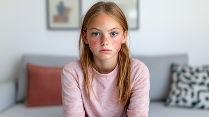 Obraz premium Young Girl with Acne and Redness Sitting on Couch in Bright Indoor Environment
