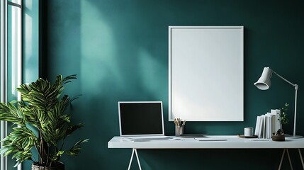 Fototapeta premium Modern home office setup with green walls and natural light