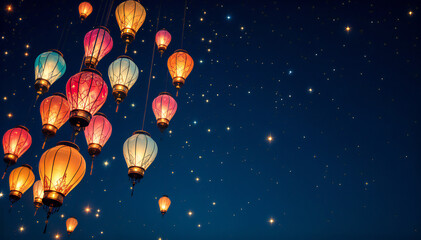 Obraz premium Colorful paper lanterns floating in a night sky with stars.
