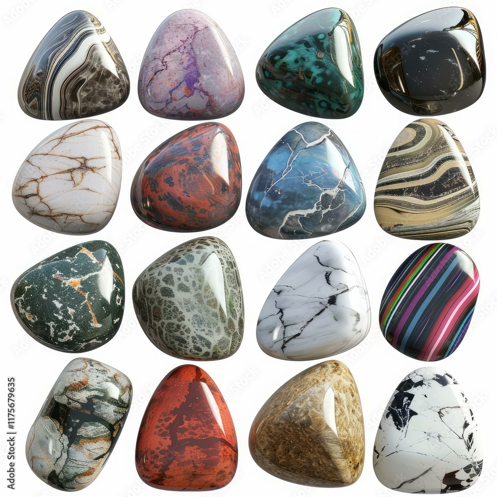 Poster set of colorful polished gemstones with unique patterns, creating a visually appealing display of na