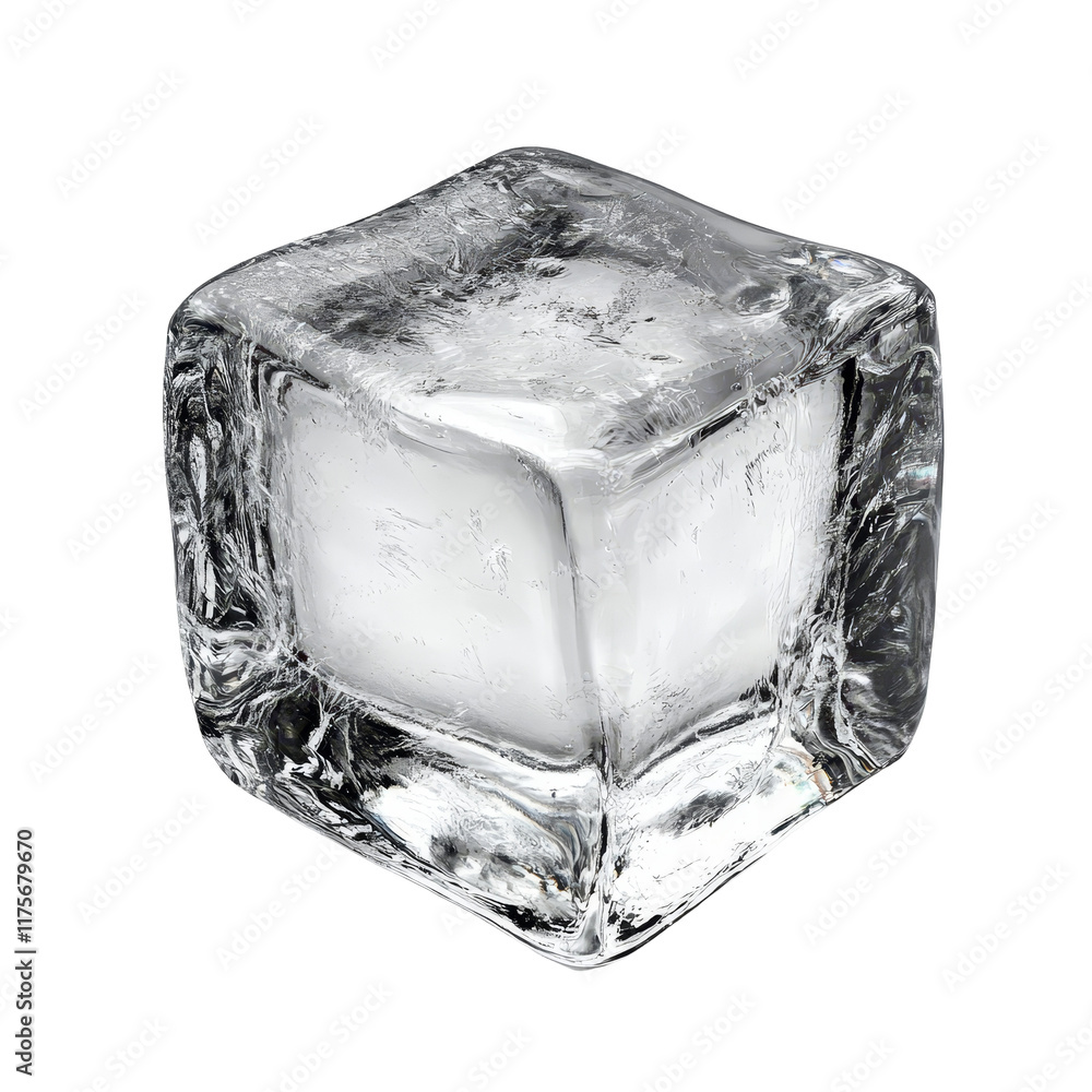 Poster a solitary ice cube resting on a clean transparent background, showcasing its crystal clear structur