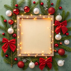 Christmas light frame decorated with red and white baubles, bows and fir branches. Copy space in the center