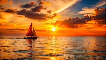 Sunset Sailboat with Vibrant Orange Sail and Sparkling Ocean Reflection