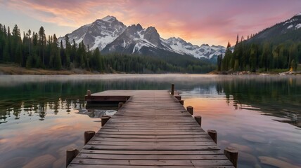 Fototapeta premium Serene Sunrise Lake Mountain Reflections Wooden Dock