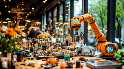 Fototapeta premium Orange robotic arm on table with electronics in modern cafe.