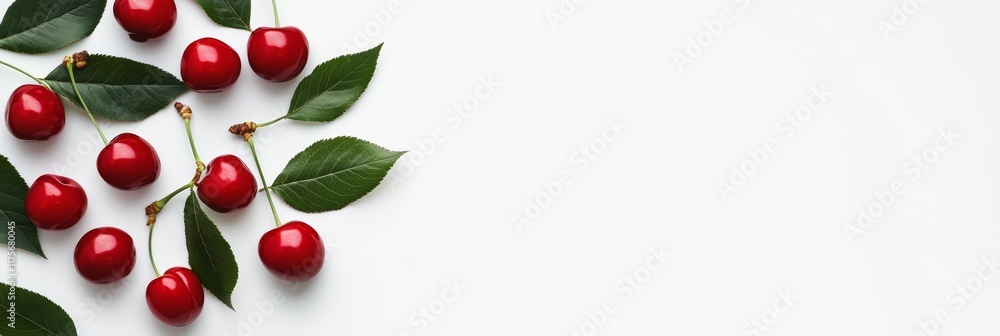 Poster freshly picked cherries with stems and leaves create a vibrant arrangement on a clean white backdrop