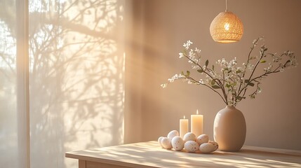Fototapeta premium Warm lighting elegant table arrangement with flowers and candles