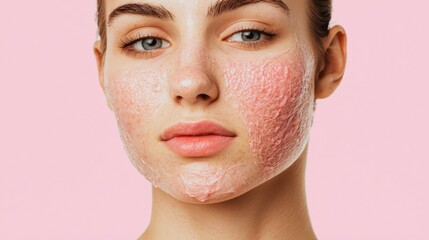Close-Up of Young Woman with Acne Scars and Skin Discoloration on a Pink Background