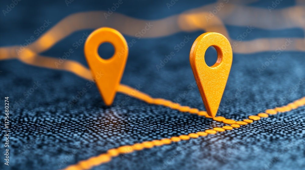 Poster bright orange location markers on dotted line map illustrating navigation and customer journey