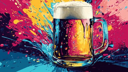 Colorful Artistic Representation of a Glass of Beer with Splashing Background and Vibrant Paint Effects