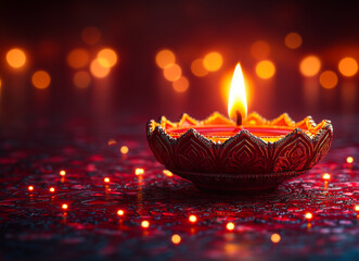A lit candle sits in a red bowl on a dark surface. The candle is the main focus of the image, and the bowl adds a decorative touch.