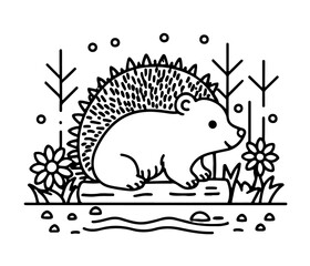 Simple line art of a Baby Porcupine forest setting. The design is minimalistic and specifically created for a coloring page, with clean outlines and no shading