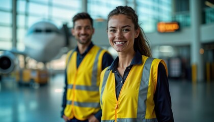 Naklejka premium Airport staff in bright yellow vests stand ready for duty. Friendly faces, focused expressions suggest teamwork, commitment to safe work environment. Aircraft visible in background. Operational