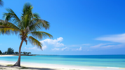  tropical palm tree on a pristine beach with turquoise water for travel brochures, vacation ads, and relaxation visuals
