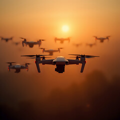 A group of drones is captured in flight against a backdrop of a sunset or sunrise sky, with the majority of the drones appearing blurry in the foreground.