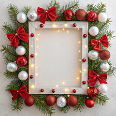 Christmas light frame decorated with red and white baubles, bows and fir branches. Copy space in the center