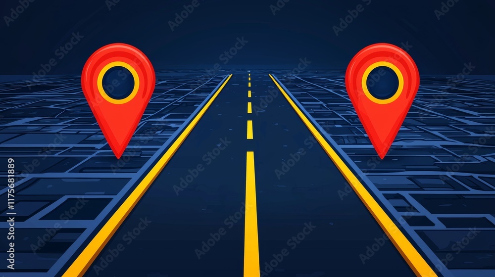 Poster flat vector design of customer journey road with location pins on dark background