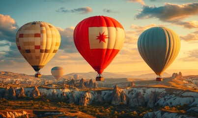 Fototapeta premium Three hot air balloons are flying over a mountain range. The balloons are red, blue, and white