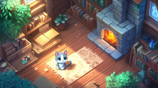 Adorable Gray Cat Relaxing on a Rug by a Warm Fireplace in a Cozy Wooden Cabin Interior