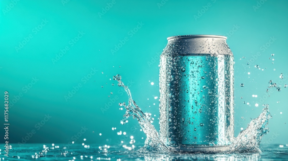 Poster a sparkling water can with droplets and splashes dynamically arranged on a vibrant teal background.