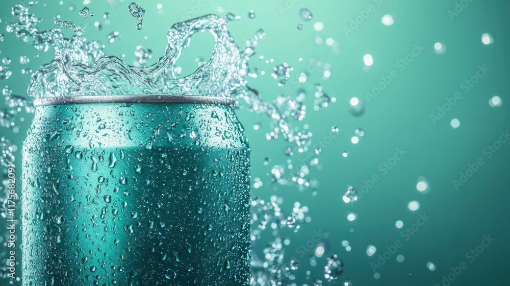 Aufkleber a sparkling water can with droplets and splashes dynamically arranged on a vibrant teal background.