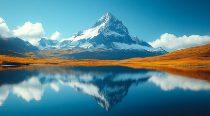 A mountain range with a large mountain in the background and a lake in the foreground. The lake is calm and reflects the mountain.
